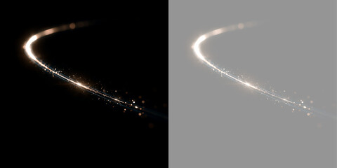 Curved golden light trail with sparkling particles. Circular magic streak on black and transparent background. Luminous design element © Inna