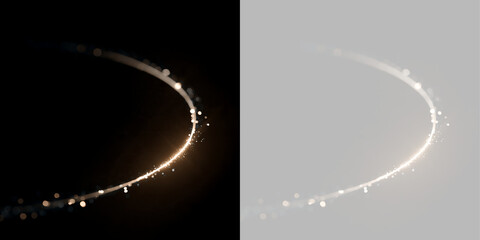 Thin golden light trail forming a sparkling orbit. Shimmering magic dust curve on black and transparent background. Elegant design overlay © Inna