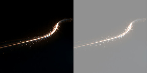 Glowing golden light trail with sparkles. Wavy magic streak on black and transparent background. Abstract luminous design element © Inna