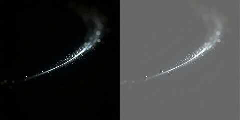 Glowing silver light trail with sparkling blue particles and bokeh. Magic swirl design element on black and transparent background. Vector illustration of abstract motion effect © Inna