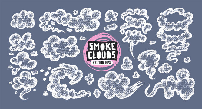 Crayon comic clouds of smoke and dust. Hand drawn doodle car exhaust, steam, fog, explosion smoke and fart with chalk texture. Crayon clouds from fire, blast, smog, vector illustration
