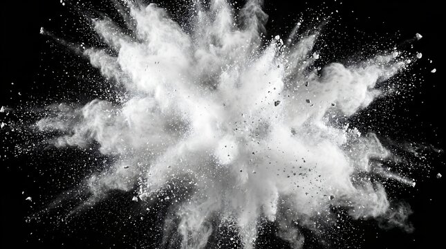 White powder blast explosion flashbang burst shockwave mineral shatter on dark black background. Intense high speed flash crushed quartz crystal particulate overlay for tactical action wallpaper