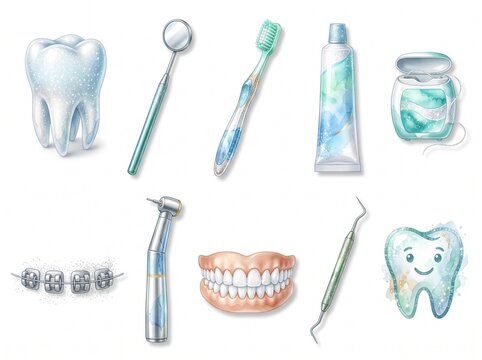 Professional set of elegant dental care icons with shimmering watercolor textures, featuring a toothbrush, toothpaste, dental floss, braces, dentures, and medical tools for oral hygiene concepts.