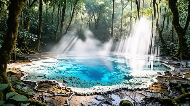 Stunning vibrant turquoise hot spring pool emitting steam amidst a lush, magical tropical rainforest with gentle sunlight filtering through the trees
