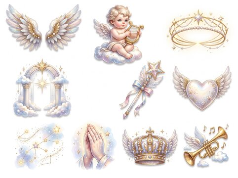 Divine Collection of Angelic Clipart Elements Featuring a Cherub playing Harp, Heavenly Gates, Pearly Wings, Praying Hands, Golden Trumpet, and a Winged Heart for Baptism and Wedding Designs.