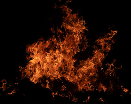 Fire embers burn against black. Intense fire with burning wood. Fire background with glowing flame effects. Wood fire with swirling flames.