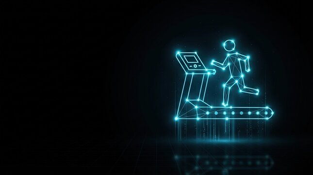 Glowing blue wireframe runner on digital treadmill showcases futuristic AI tech innovation perfect for tech startups, digital science, and high-tech marketing visuals