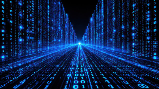 Blue binary code corridor stretching toward horizon, digital tunnel glowing on dark background, big data and artificial intelligence concept