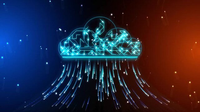 Glowing digital data cloud raining binary particles on blue and orange gradient