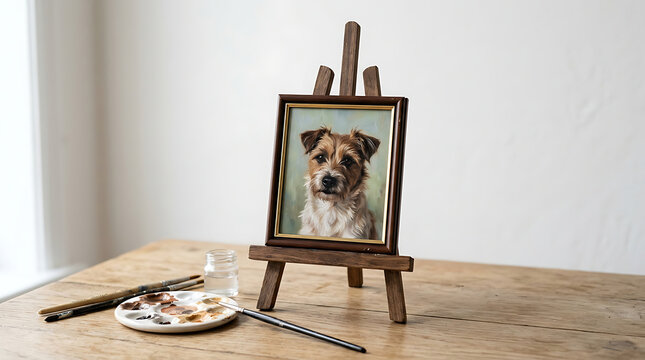 Framed dog portrait on a wooden artist easel with painting supplies on a rustic desk
