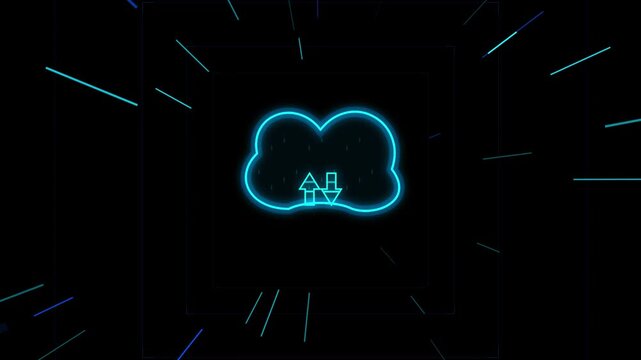 Glowing neon cloud icon with upload and download arrows on dark tech background