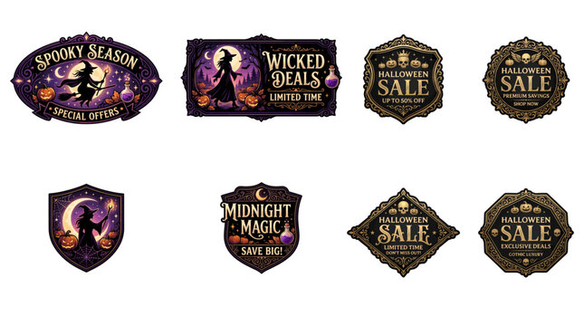 Set of Halloween Sale Labels and Spooky Season Badges Featuring Vintage Witch Silhouettes, Moon, and Golden Decorative Frames for Promotional Marketing