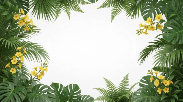Tropical jungle leaves and yellow flowers forming a natural frame on a white background, perfect for summer designs and presentations.