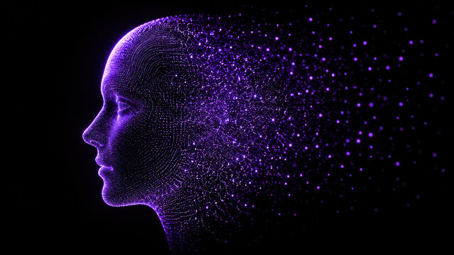 Glowing purple digital human face profile dissolving into particle data stream on dark background, representing artificial intelligence and cyber identity concept