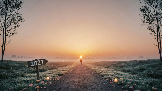 A lone figure walks down a path towards a sunrise in 2027.