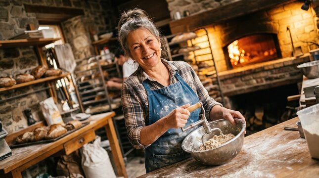 Authentic artisan baking bread in rustic wood-fired oven setting