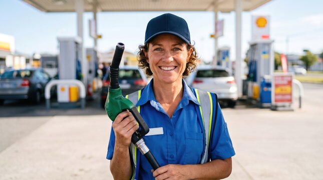 Smiling gas station attendant holding fuel pump nozzle outdoors