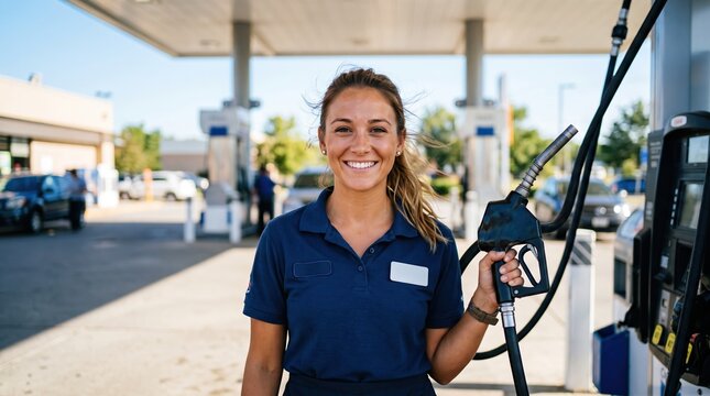 Smiling fuel attendant refueling car at busy gas station