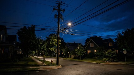 Fototapeta premium Dark suburban street at night, streetlamp illumination, residential houses, overhead wires