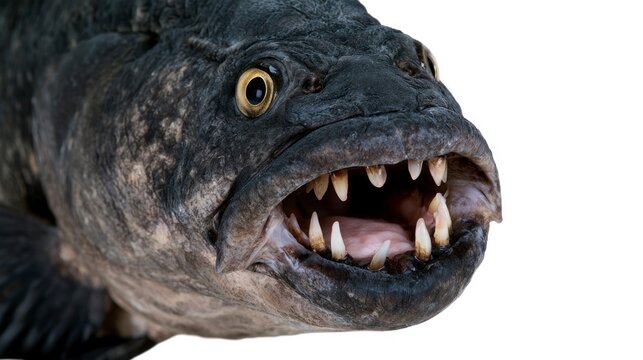Close-up of a northern snakehead fish with sharp teeth and open mouth isolated on white