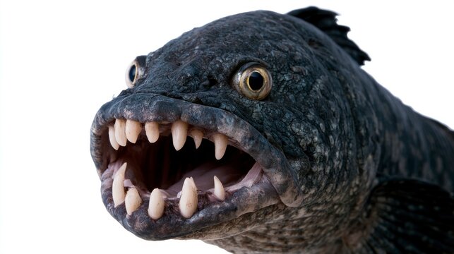 Close-Up of a Scary Fish with Large Sharp Teeth and Open Mouth Isolated on White Background