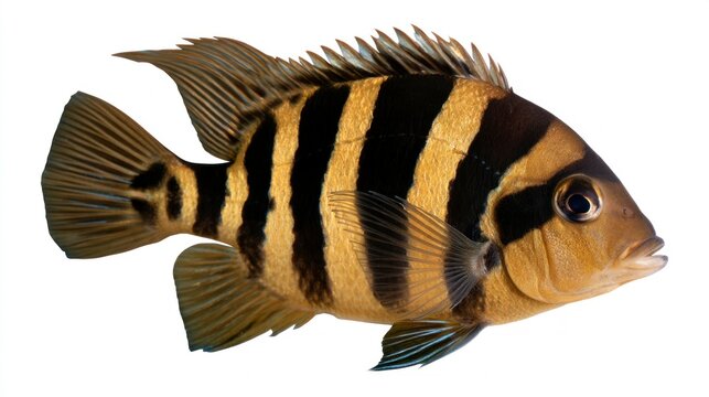 Bumblebee Cichlid (Pseudotropheus crabro) Freshwater Fish with Yellow and Black Stripes Isolated on White Background