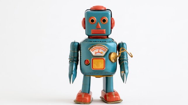 Vintage Blue Tin Wind-up Robot Toy Isolated on White Background