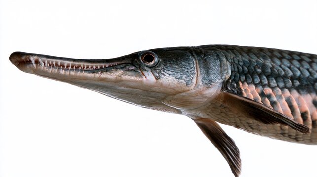 Profile close-up of an Alligator Gar fish showing sharp teeth and scales isolated on white background