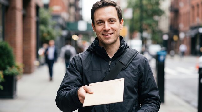 Smiling man holding white tablet outdoors on city sidewalk