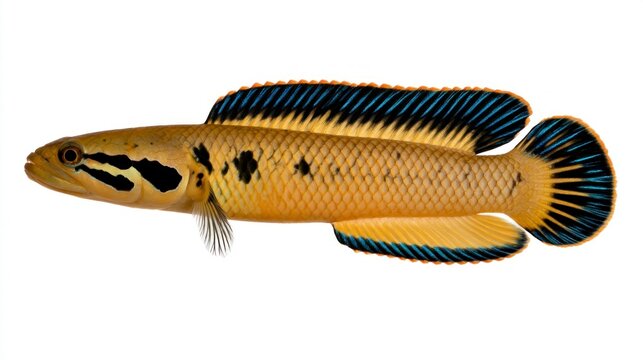 Exotic Channa pulchra snakehead fish with vibrant blue and orange fins isolated on white background