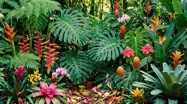Lush tropical rainforest garden teeming with vibrant exotic flowers and lush green foliage