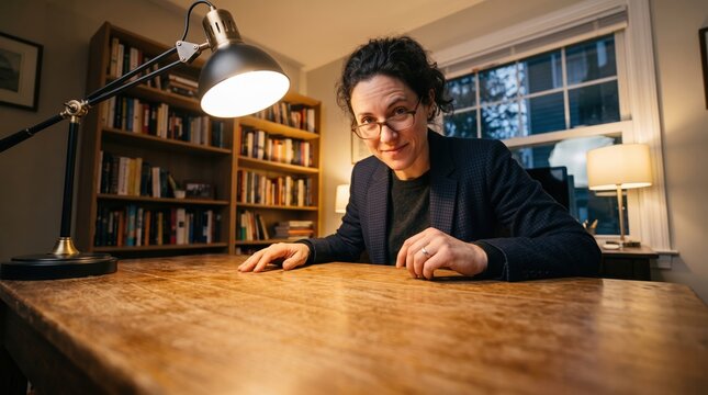 Focused professional working at wooden desk in cozy home office
