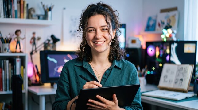 Creative professional holding digital tablet in modern home office setup