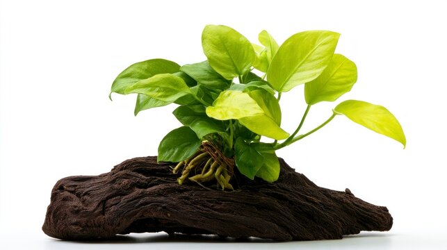 Green Anubias Aquarium Plant Attached to Natural Driftwood Isolated on White Background