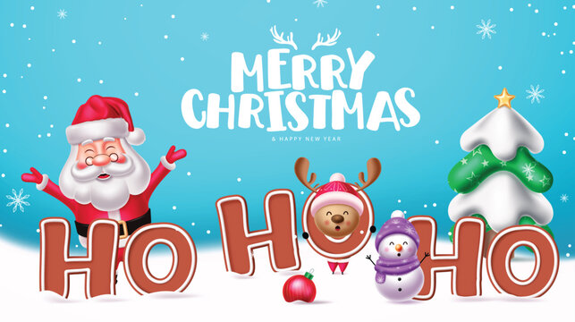 Merry Christmas and Happy New Year Blue Background with Ho Ho Ho Typography and Characters