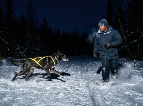 Winter mushing training with dog and runner in snow