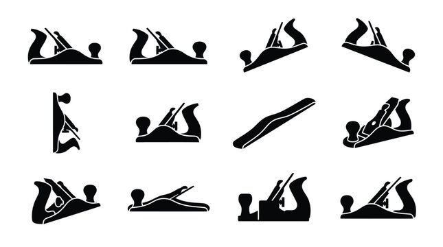Various styles of traditional woodworking hand planes in silhouette form