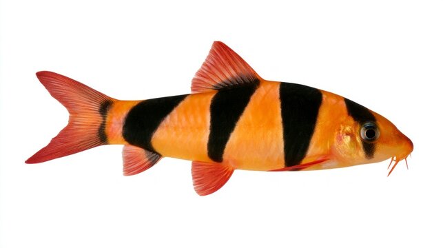 Vibrant Clown Loach (Chromobotia macracanthus) tropical aquarium fish isolated on a white background