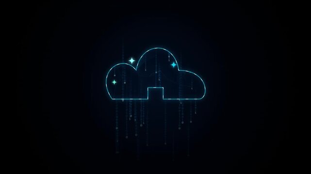 Glowing blue cloud icon with digital binary code data streams on a dark background