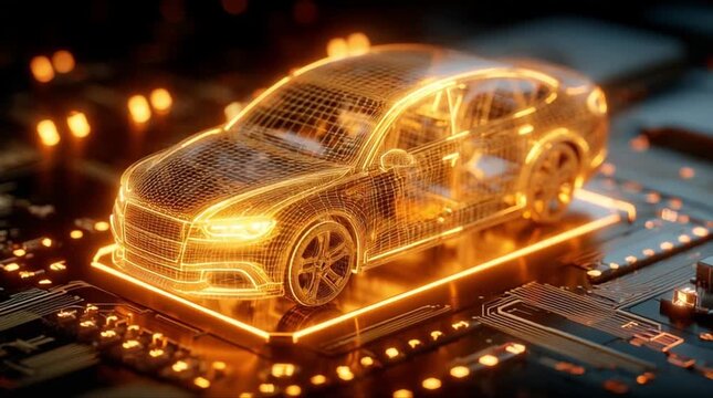 Front quarter perspective view of 3D wireframe luxury sedan glowing with orange digital mesh on microchip processor (AI Generated)