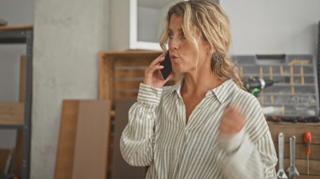 Woman carpenter on smartphone, talking into phone with raised hand and pointing gesture amid wood panels and tools in a building workshop; concern problem solving.