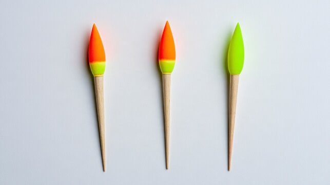Set of three colorful fishing floats on a plain white background