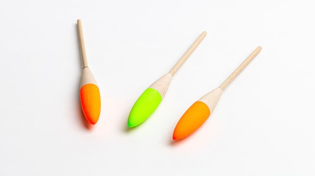 Set of Three Colorful Wooden Fishing Floats Isolated on White Background