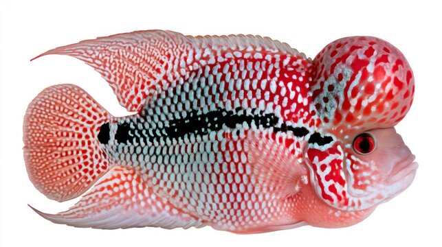 Vibrant Red Flowerhorn Cichlid Fish with Distinctive Nuchal Hump Isolated on White Background