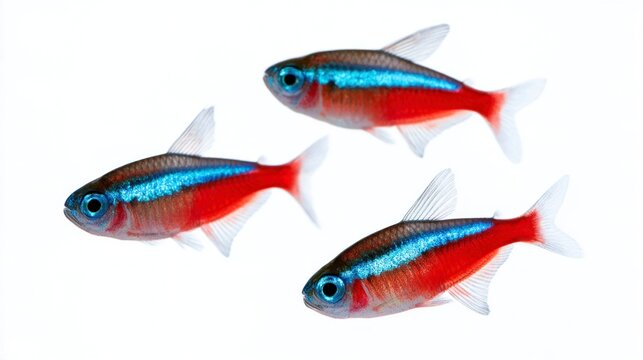 Three neon tetra fish (Paracheirodon innesi) isolated on white background