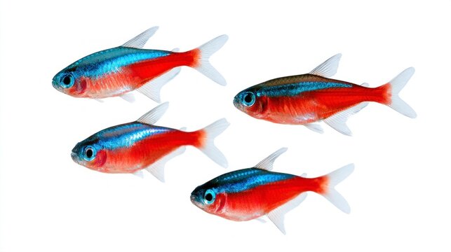 Group of four cardinal tetra fish (Paracheirodon axelrodi) isolated on white background