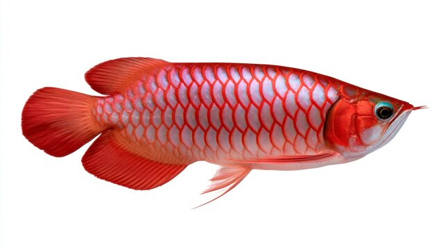 Vibrant Super Red Arowana fish with shimmering scales isolated on white background