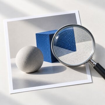 Close-up view of a printed image featuring a blue cube and a gray sphere, with a magnifying glass highlighting the textures and details of the objects