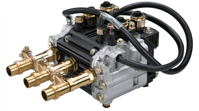 High-pressure hydraulic pump or ABS control valve unit for automotive applications, isolated on white background