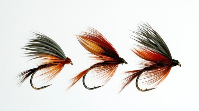 Set of three colorful artificial fly fishing lures isolated on white background